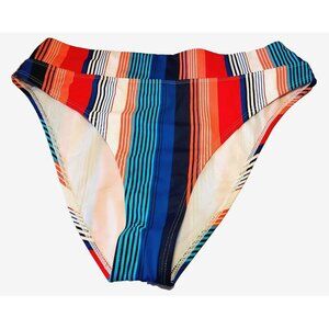 Junior's Hot Water Swim Bikini Bottom High Waisted Blue Red Vertical Stripe XL